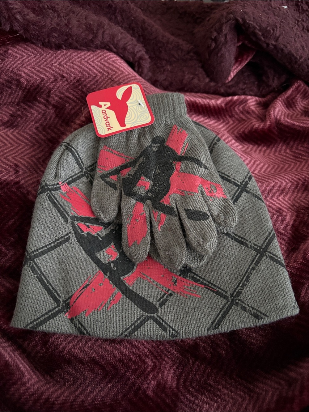 Kids Gray and Red Snowboard Graphic Beanie & Mittens Set